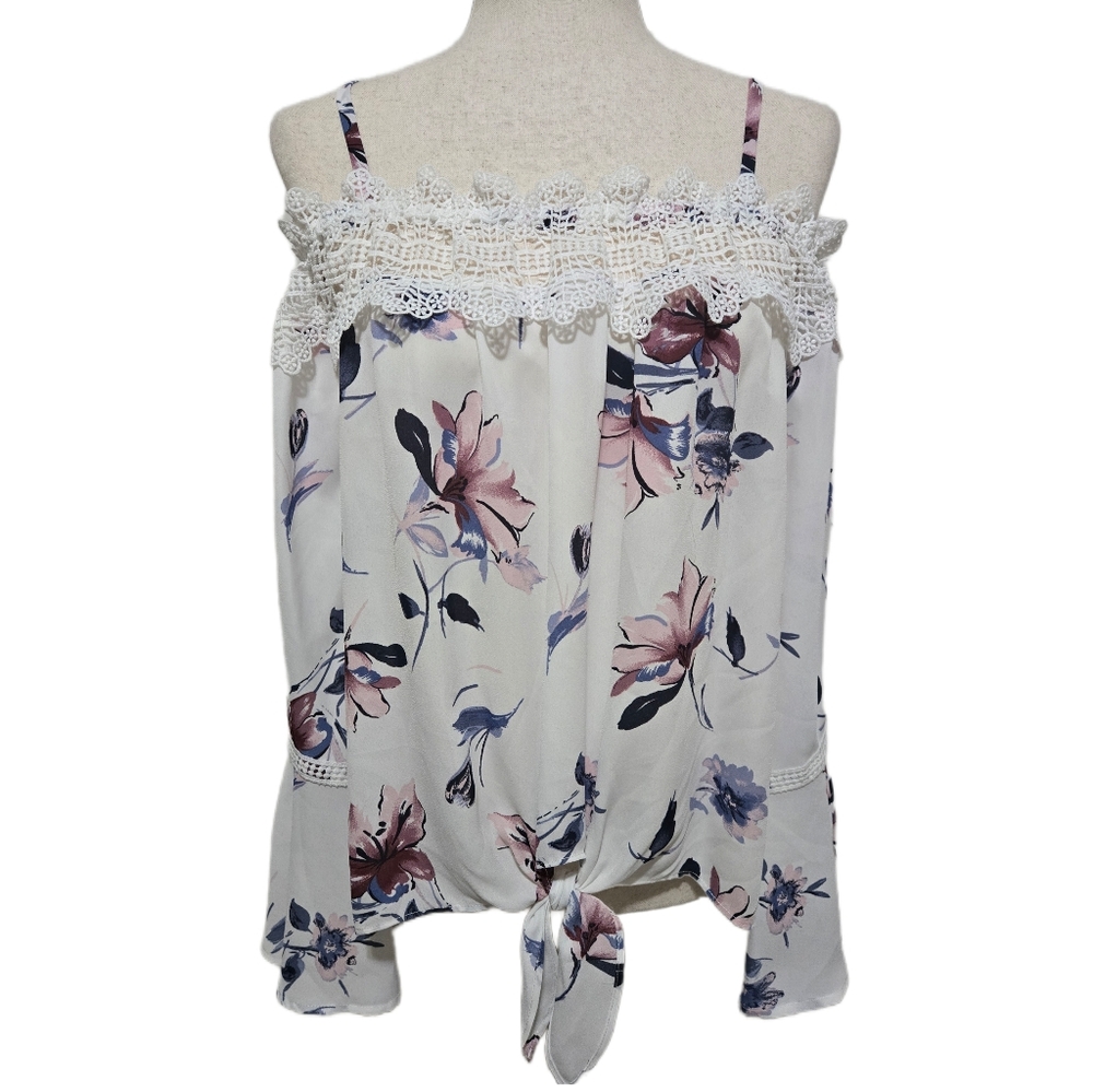 Floral Boho Blouse Off Shoulder With Spaghetti Straps White Mauve Blue Medium